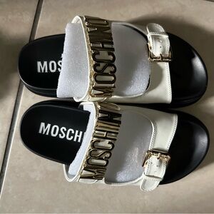 Moschino White and Black Sandals with Gold Accents